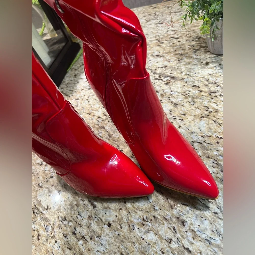 PLT Red Patent Leather Thigh High Slouch Pointed Toe Over The Knee Boots 10 - Picture 4 of 11